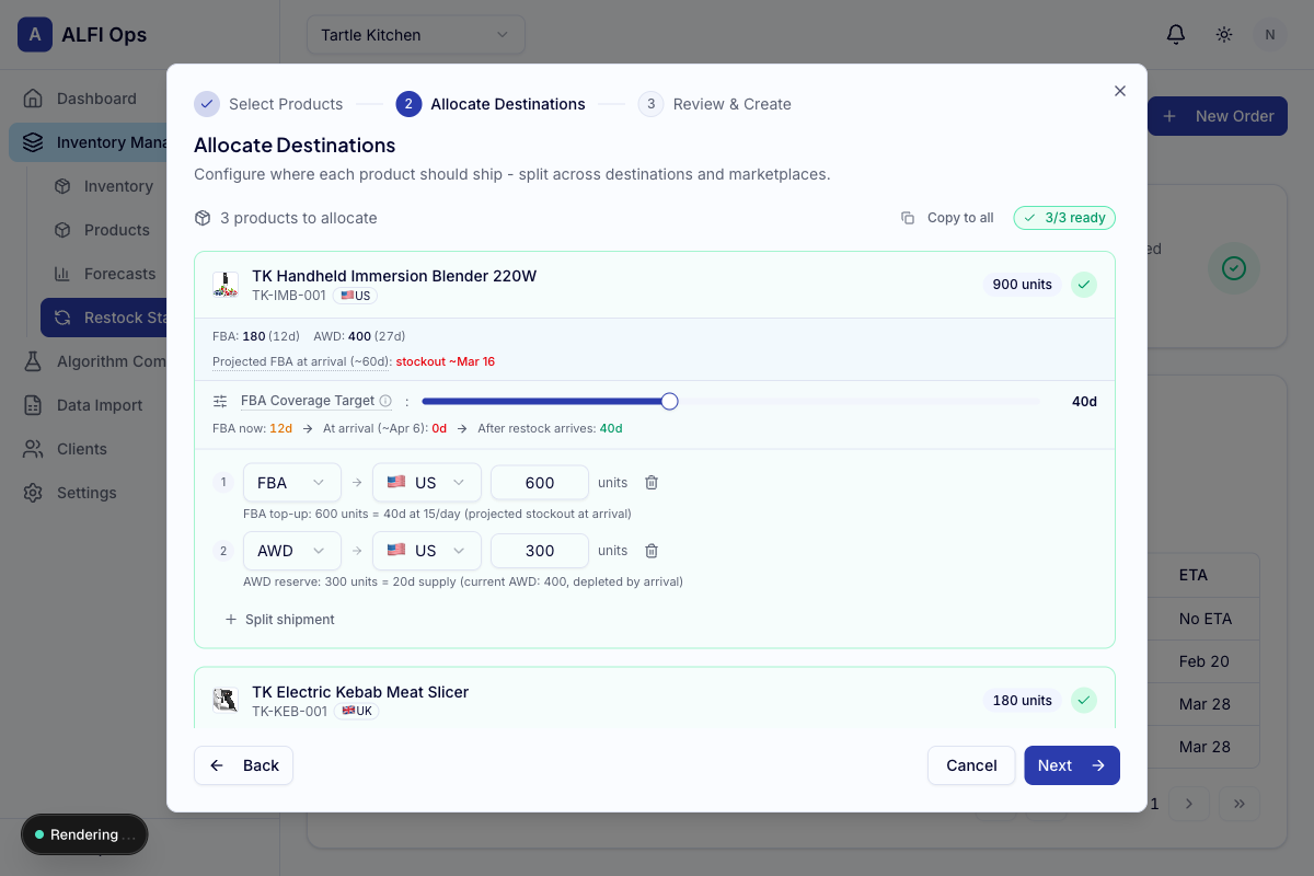 Restock wizard step 2: FBA/AWD allocation with coverage slider, projected stockout dates, and split shipments
